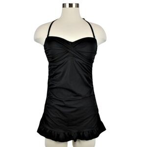 Swimsuit One-Piece Halter Ruffled Overlay Skirt Removable Strap Black Size 8